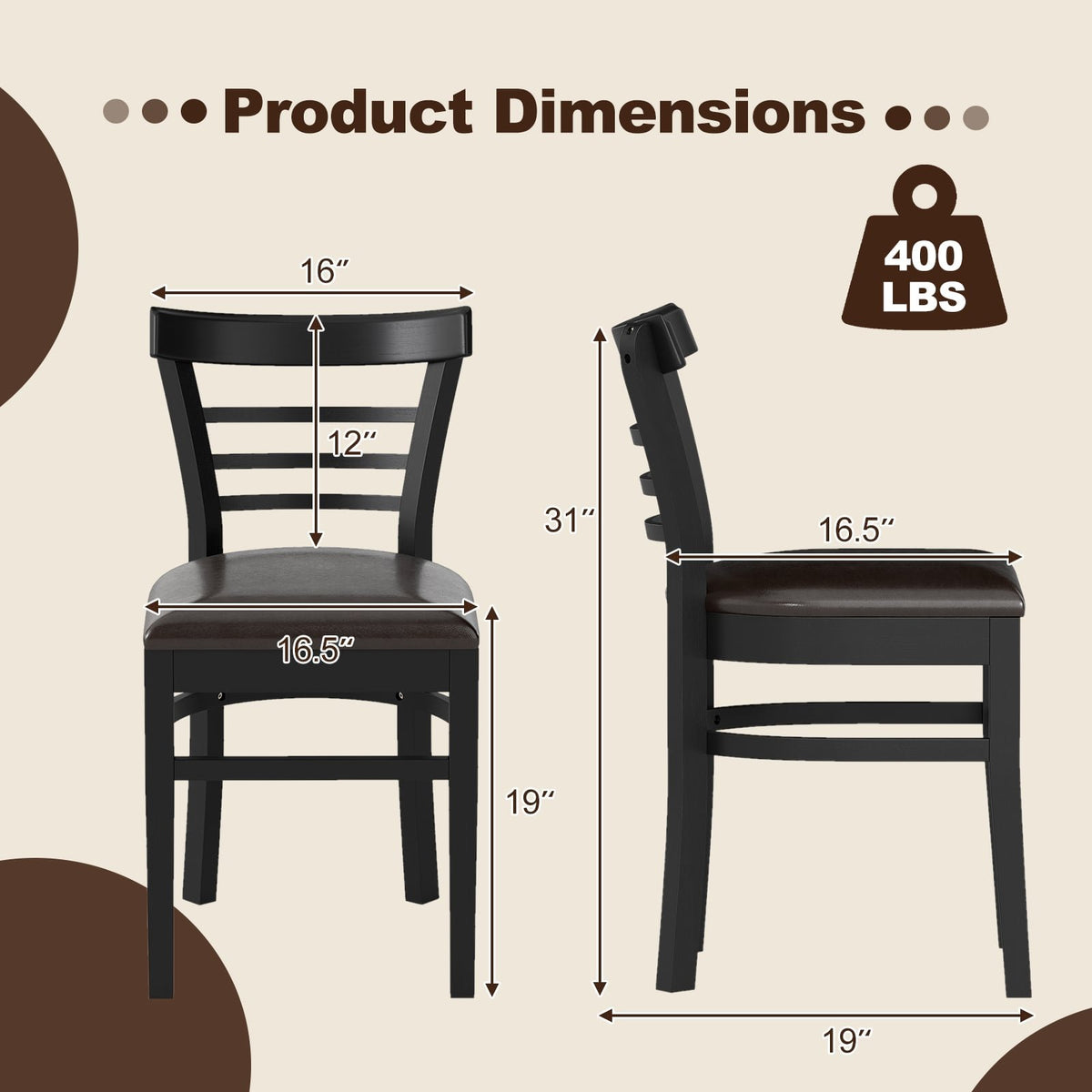 Set of 2 Wooden Dining Chair with Rubber Wood Legs for Restaurant-Black view 5