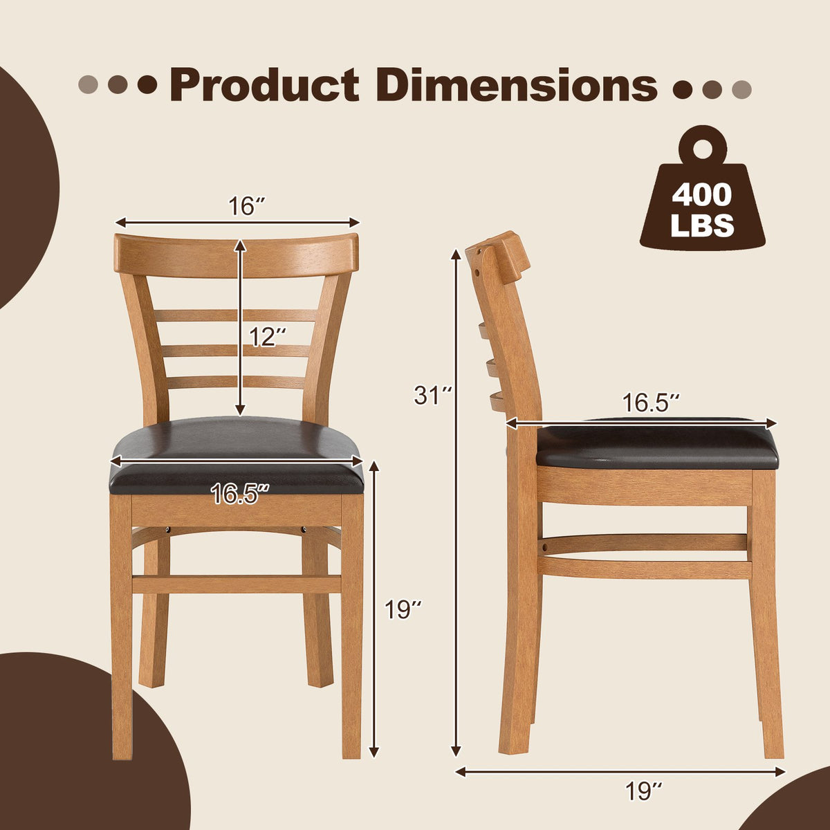 Set of 2 Wooden Dining Chair with Rubber Wood Legs for Restaurant-Brown view 5
