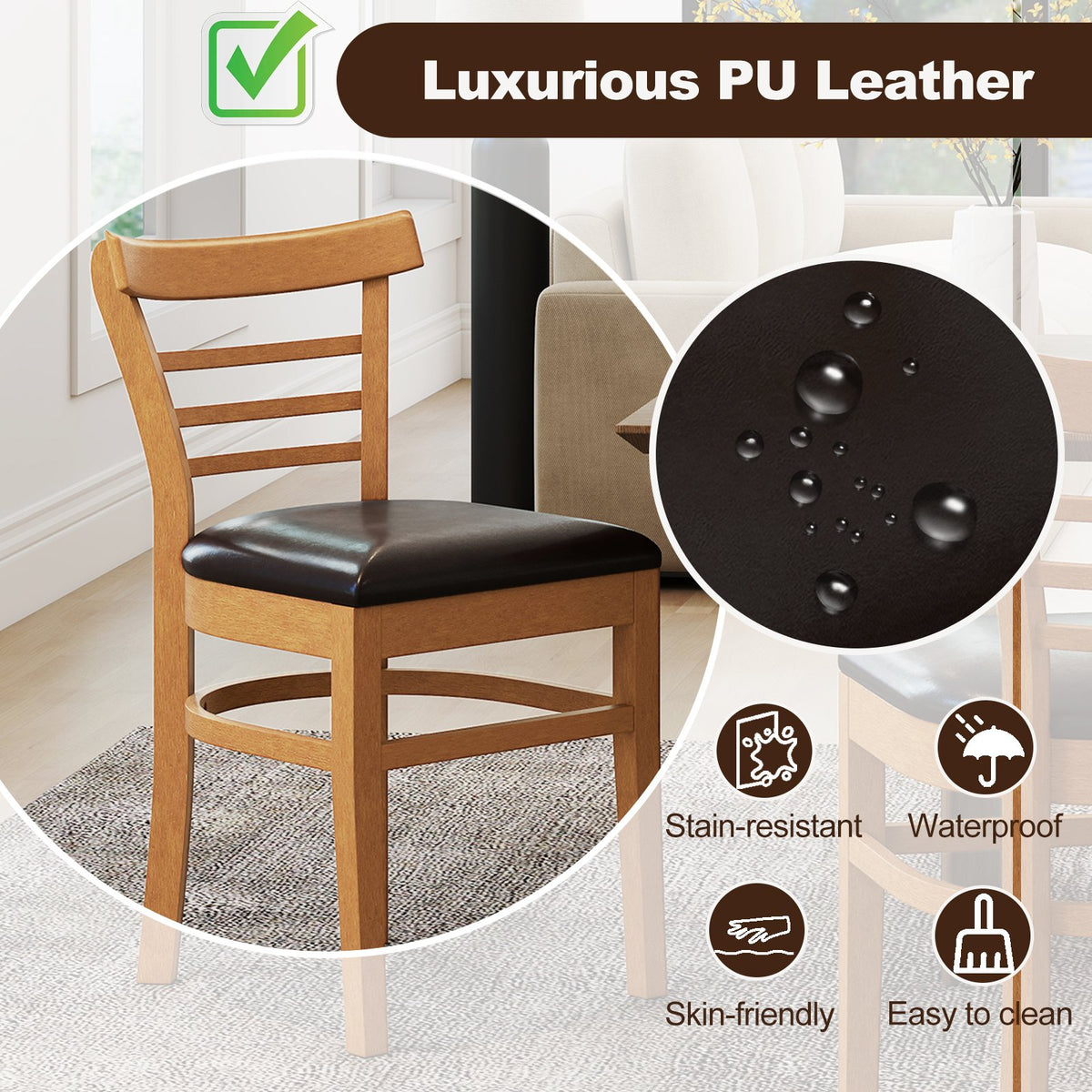 Set of 2 Wooden Dining Chair with Rubber Wood Legs for Restaurant-Brown view 7