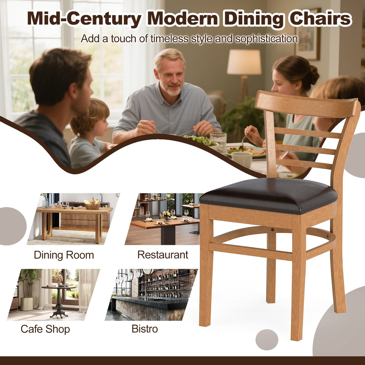 Set of 2 Wooden Dining Chair with Rubber Wood Legs for Restaurant-Brown view 9