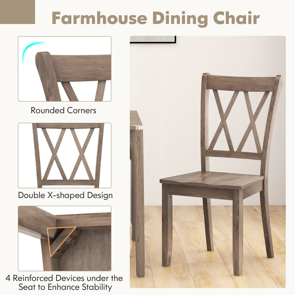 Set of 2 Wooden Dining Chairs Mid Century Farmhouse Retro Kitchen Chairs-Brown view 6