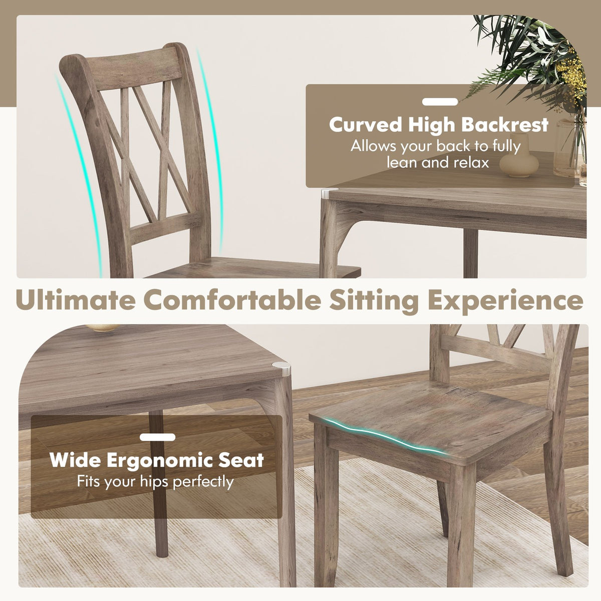 Set of 2 Wooden Dining Chairs Mid Century Farmhouse Retro Kitchen Chairs-Brown view 8