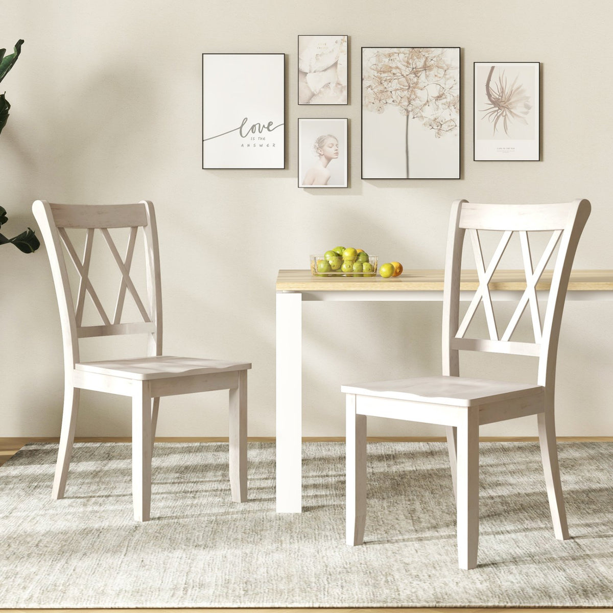 Set of 2 Wooden Dining Chairs Mid Century Farmhouse Retro Kitchen Chairs-White view 2
