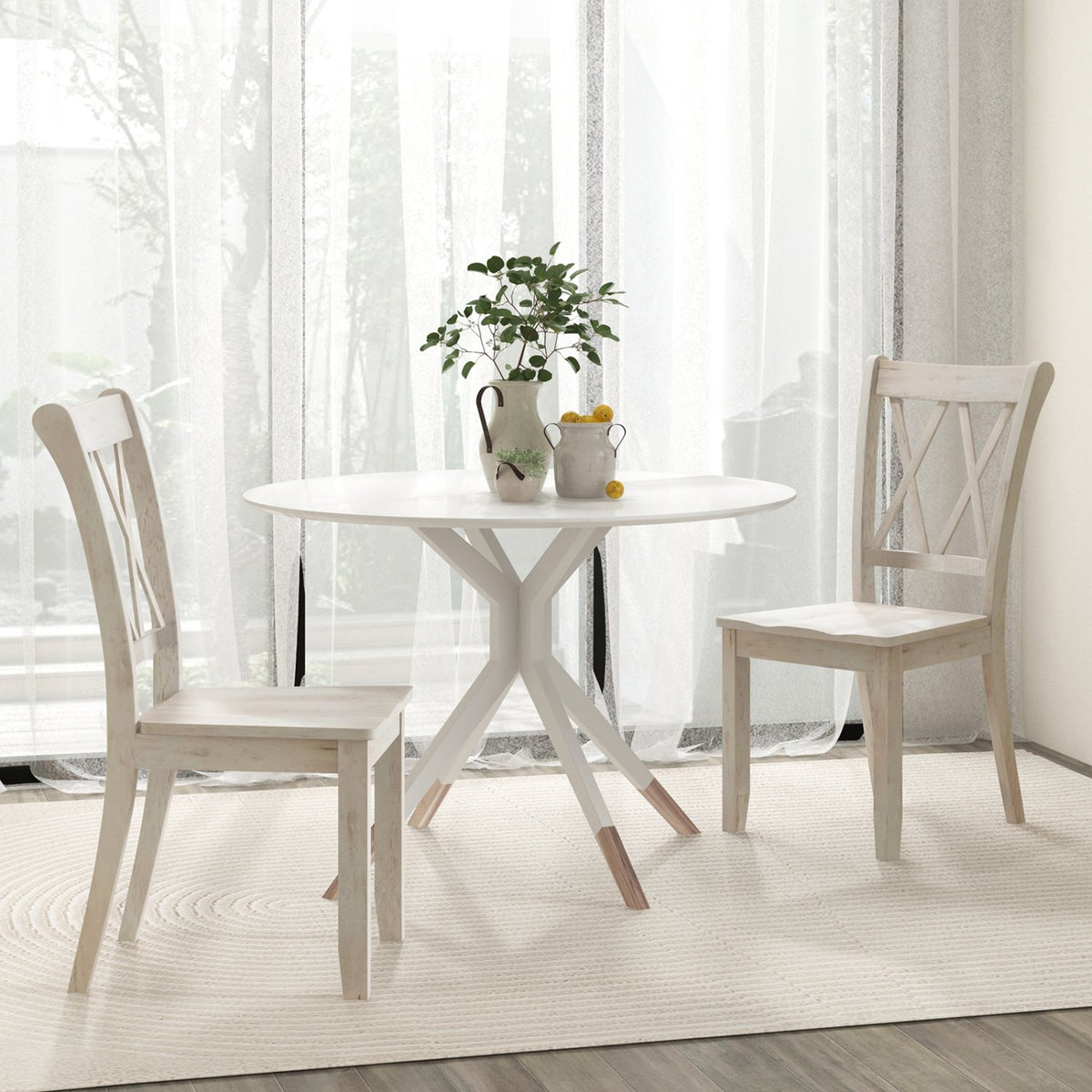 Set of 2 Wooden Dining Chairs Mid Century Farmhouse Retro Kitchen Chairs-White view 3