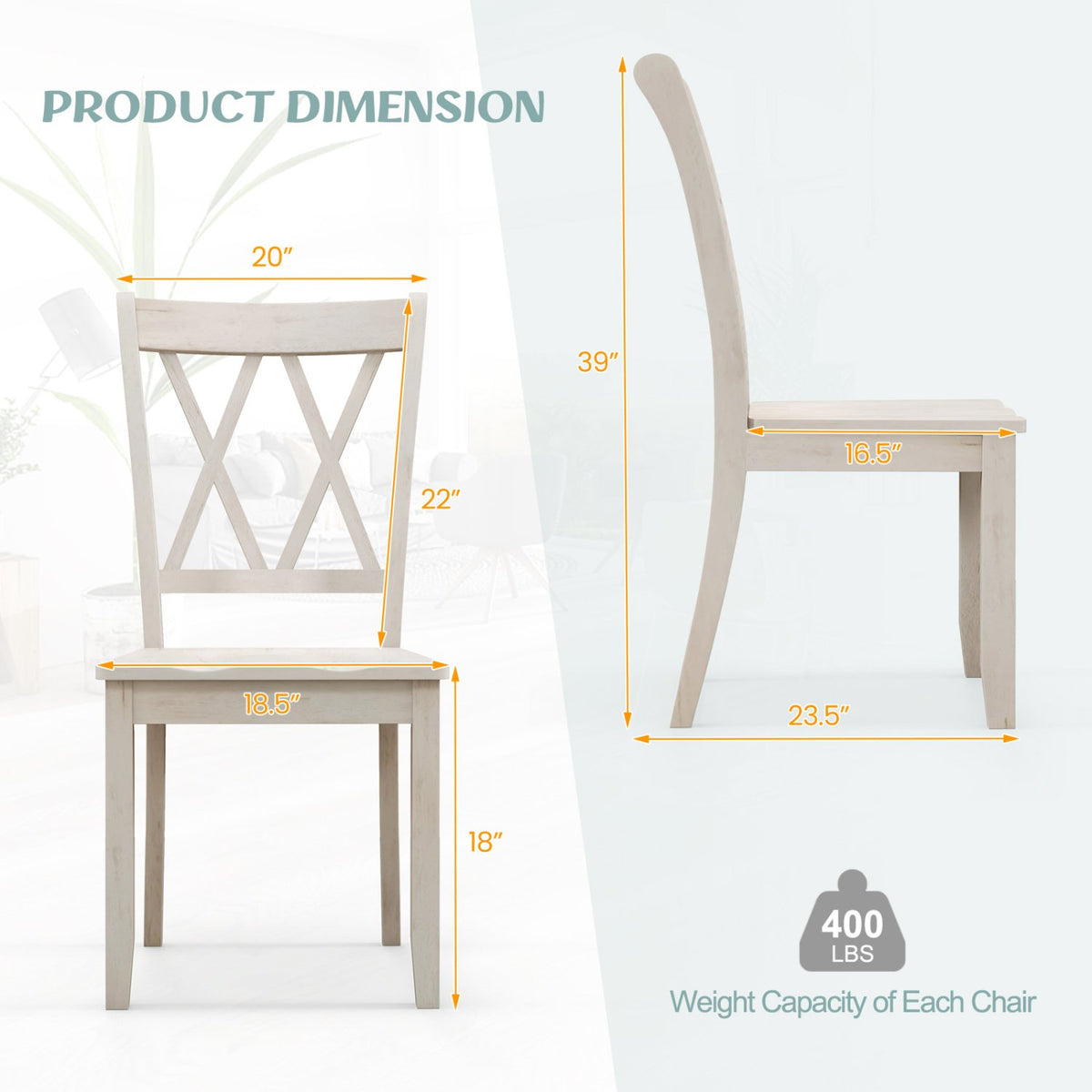 Set of 2 Wooden Dining Chairs Mid Century Farmhouse Retro Kitchen Chairs-White view 4