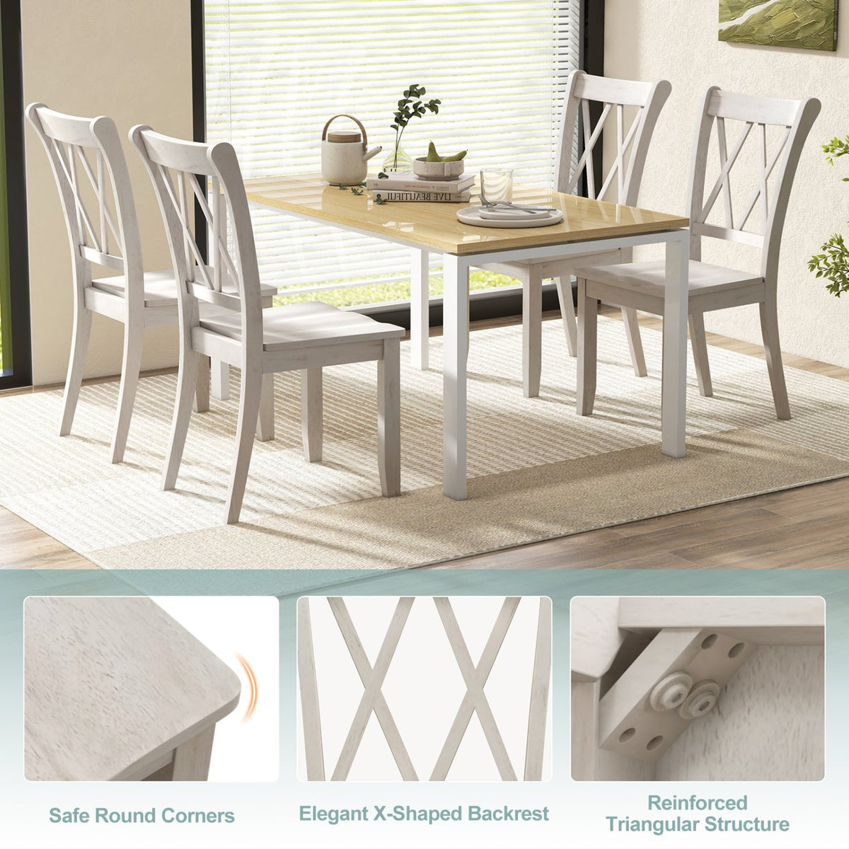 Set of 2 Wooden Dining Chairs Mid Century Farmhouse Retro Kitchen Chairs-White view 7