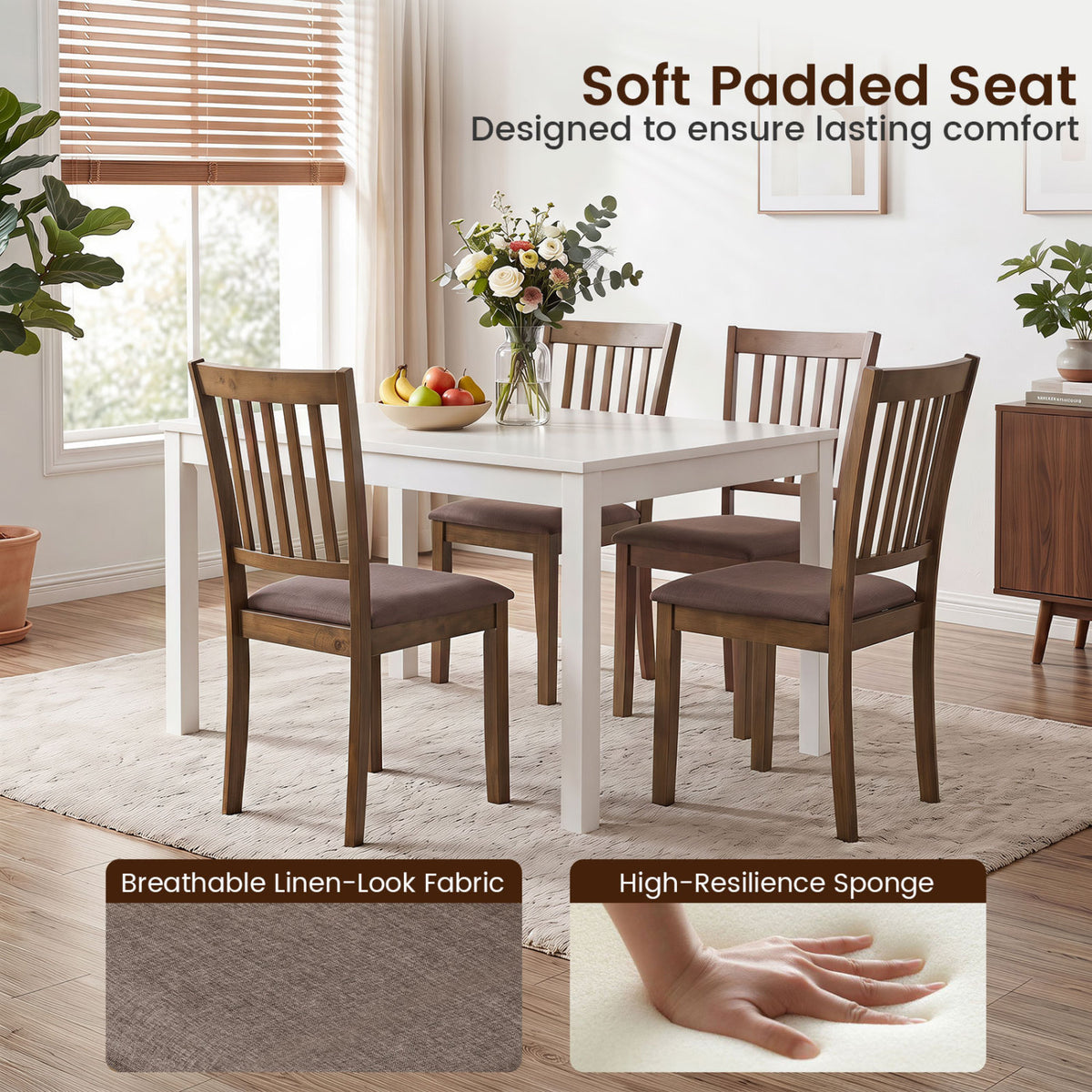 Set of 2 Wooden Dining Chairs Upholstered Kitchen Chairs with Rubber Wood Frame-Brown view 5