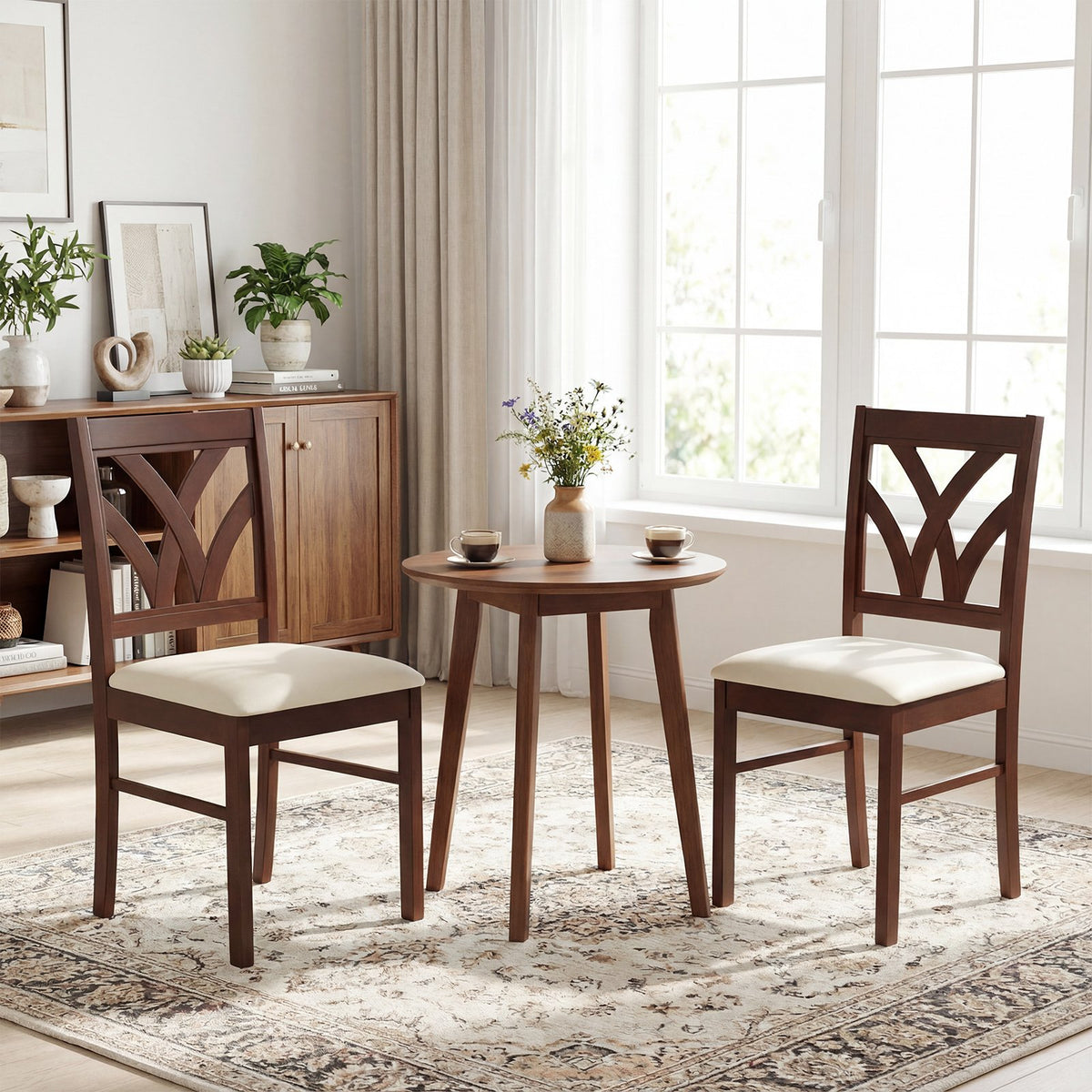 Set of 2 Wooden Dining Chairs Upholstered with Hollowed Backrest and Soft Padded Seat-Brown view 2