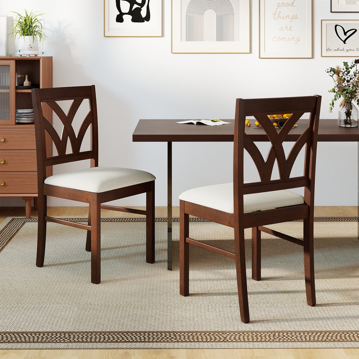 Set of 2 Wooden Dining Chairs Upholstered with Hollowed Backrest and Soft Padded Seat-Brown view 3