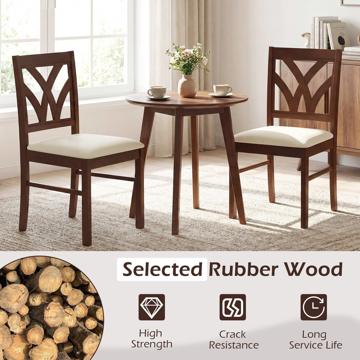 Set of 2 Wooden Dining Chairs Upholstered with Hollowed Backrest and Soft Padded Seat-Brown view 6