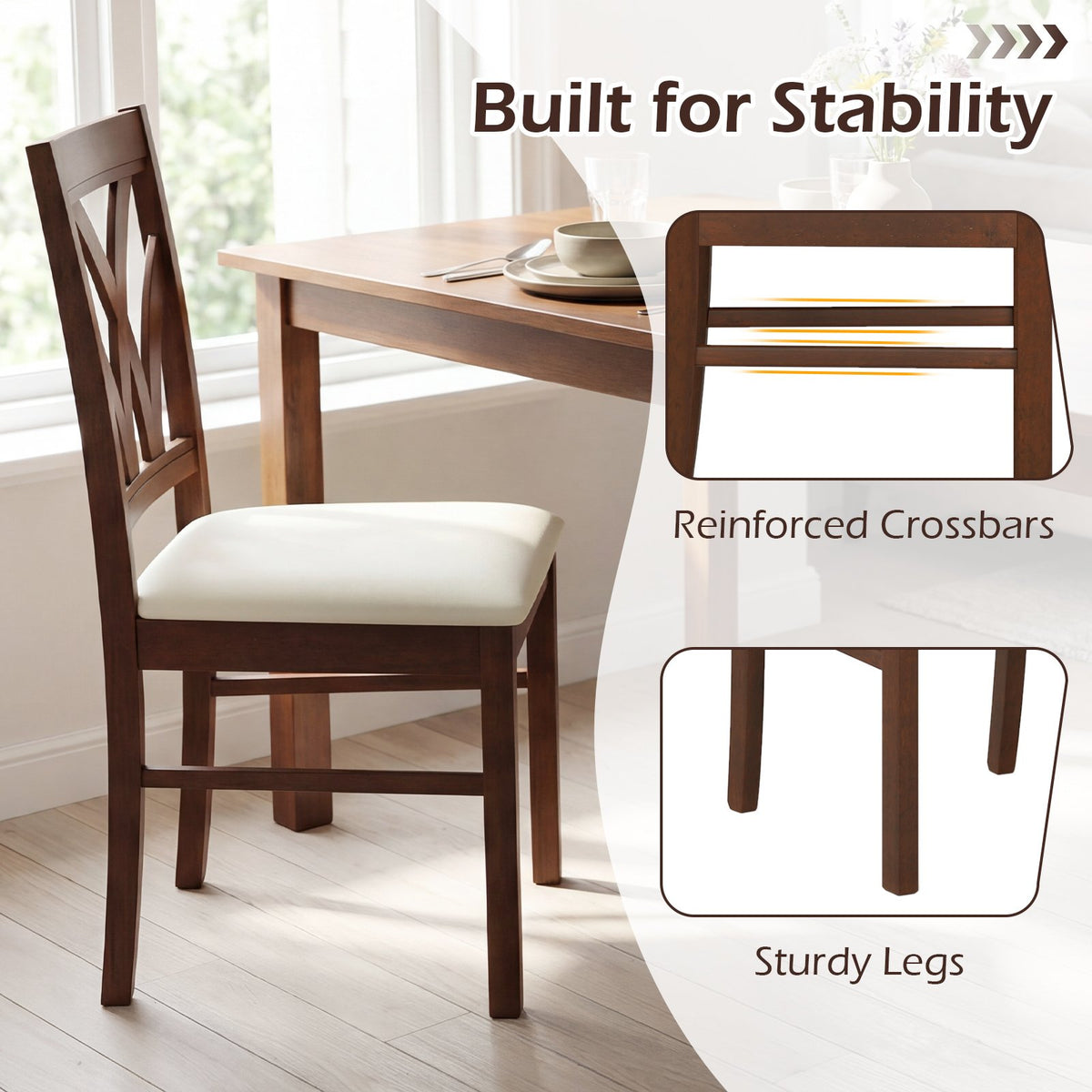Set of 2 Wooden Dining Chairs Upholstered with Hollowed Backrest and Soft Padded Seat-Brown view 9