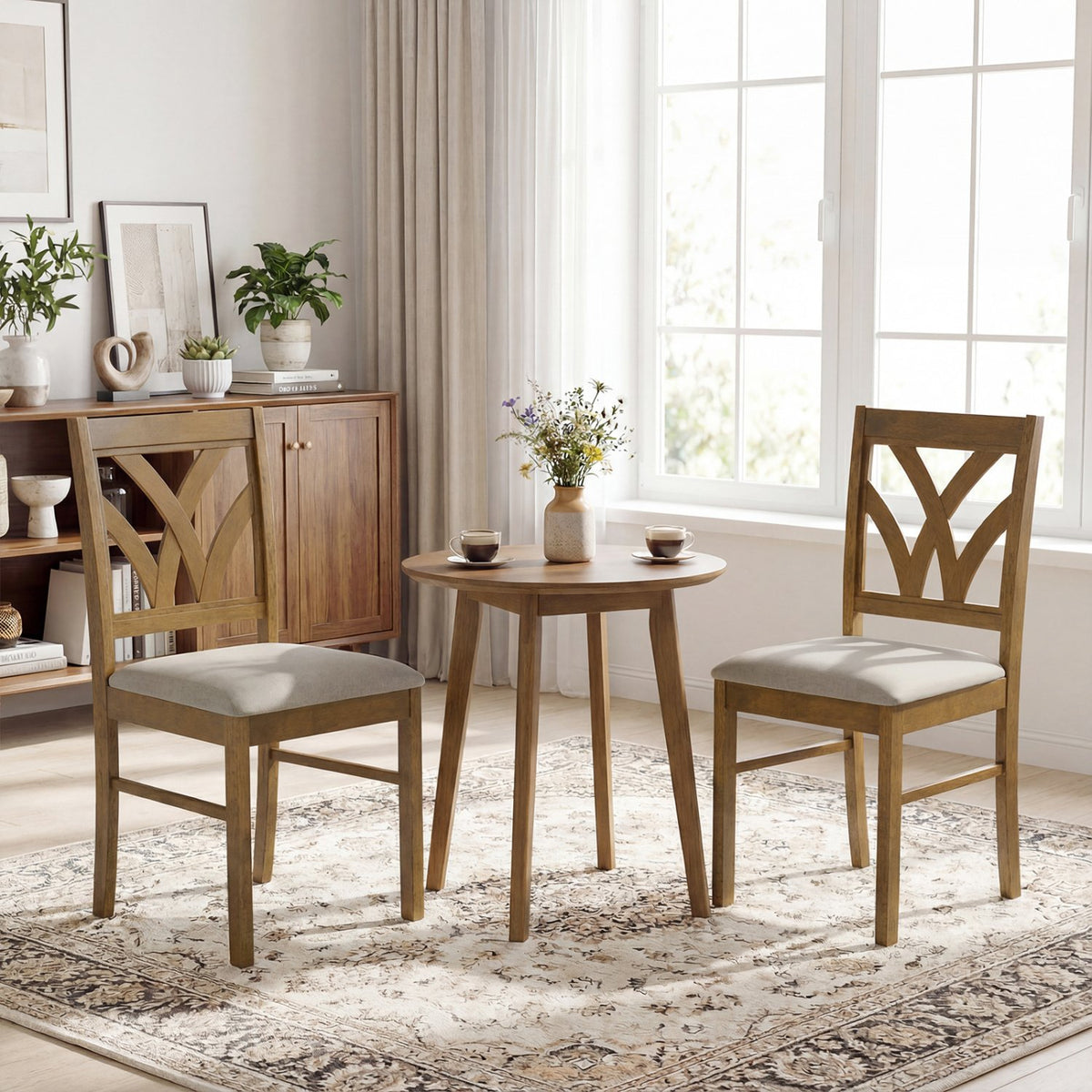 Set of 2 Wooden Dining Chairs Upholstered with Hollowed Backrest and Soft Padded Seat-Oak view 3