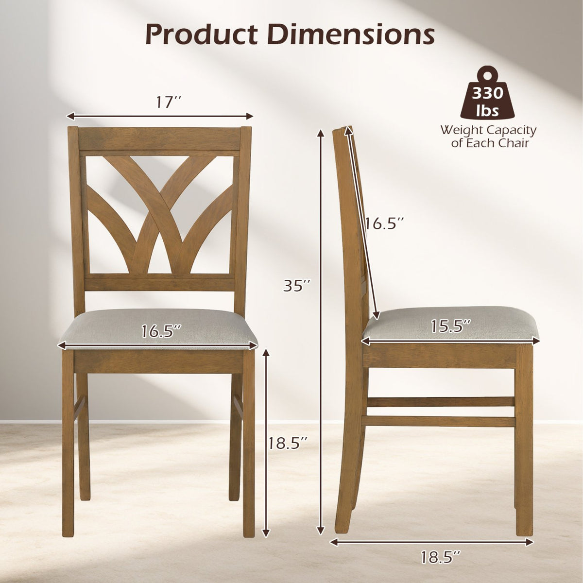 Set of 2 Wooden Dining Chairs Upholstered with Hollowed Backrest and Soft Padded Seat-Oak view 4
