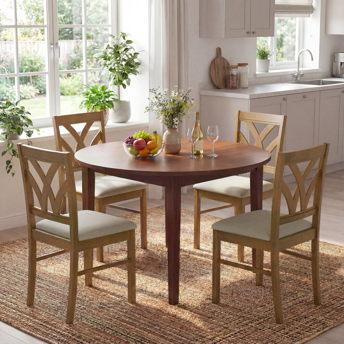 Set of 2 Wooden Dining Chairs Upholstered with Hollowed Backrest and Soft Padded Seat-Oak view 5