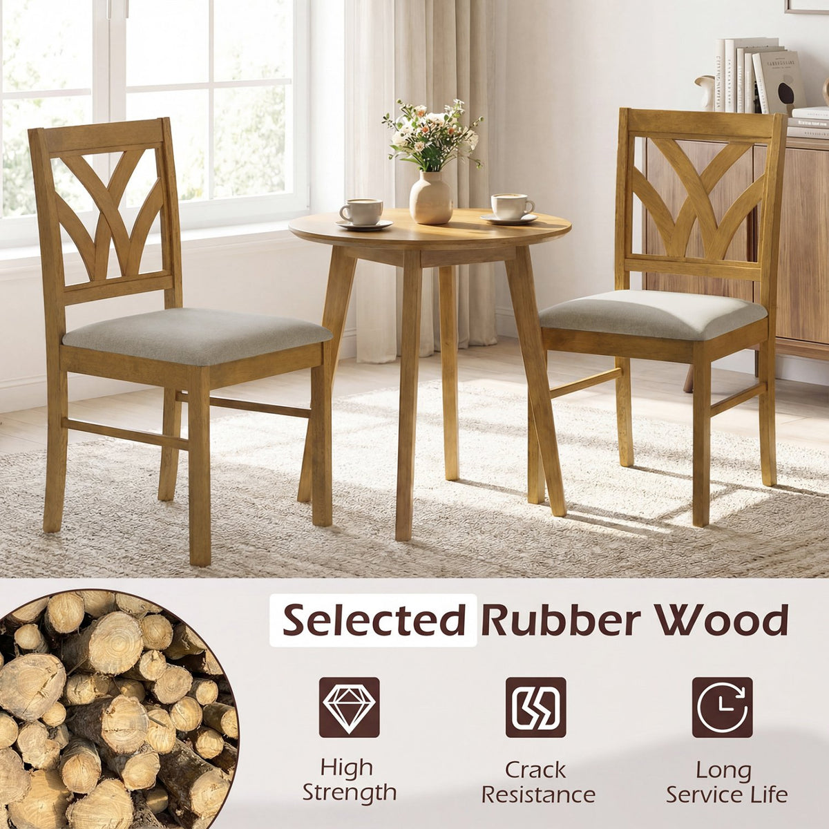 Set of 2 Wooden Dining Chairs Upholstered with Hollowed Backrest and Soft Padded Seat-Oak view 6