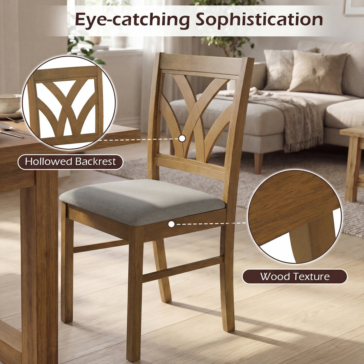Set of 2 Wooden Dining Chairs Upholstered with Hollowed Backrest and Soft Padded Seat-Oak view 8
