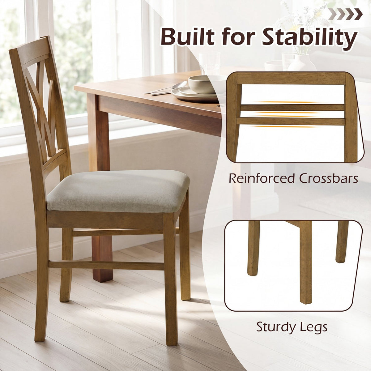 Set of 2 Wooden Dining Chairs Upholstered with Hollowed Backrest and Soft Padded Seat-Oak view 9