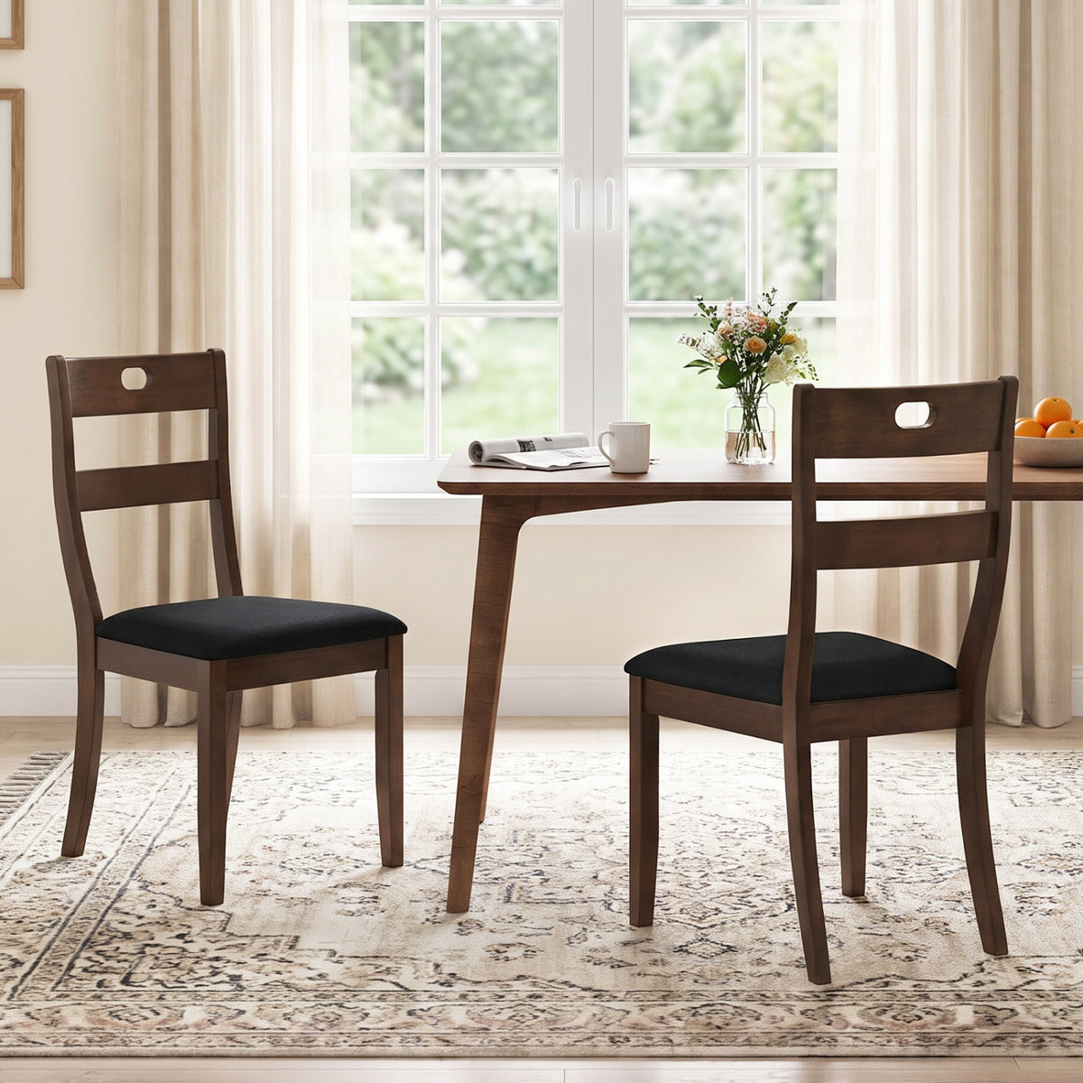 Set of 2 Wooden Dining Chairs with Padded Seats and Rubber Wood Frame-Walnut view 2