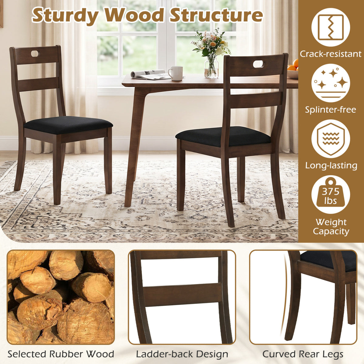 Set of 2 Wooden Dining Chairs with Padded Seats and Rubber Wood Frame-Walnut view 5