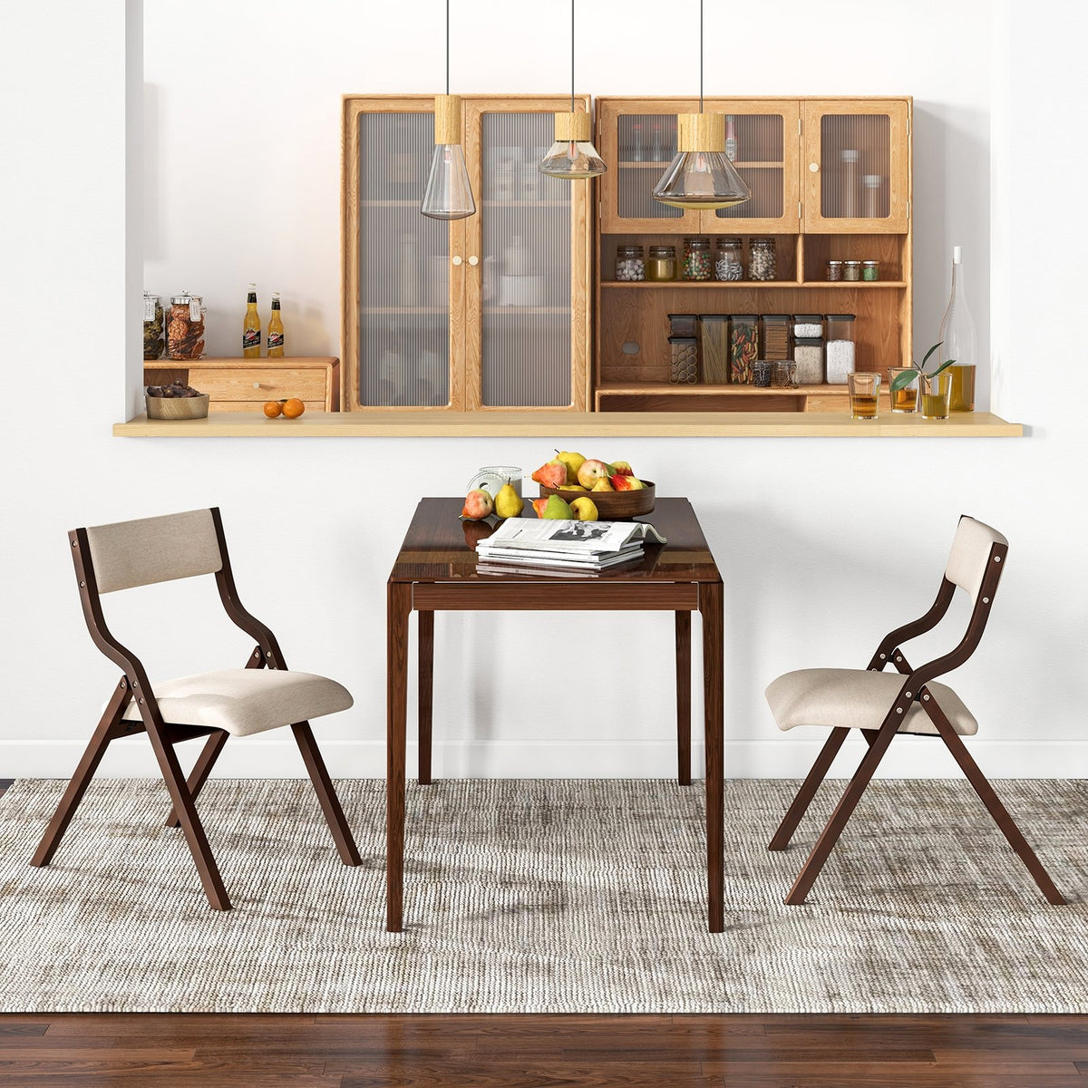 Set of 2 Wooden Folding Dining Chair with Linen Fabric Padded Seat and Backrest-Coffee view 2