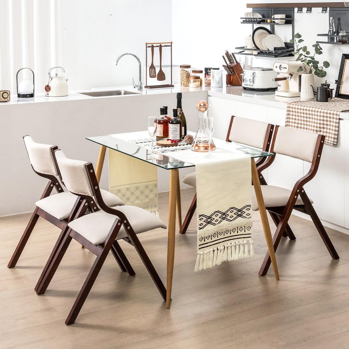 Set of 2 Wooden Folding Dining Chair with Linen Fabric Padded Seat and Backrest-Coffee view 3