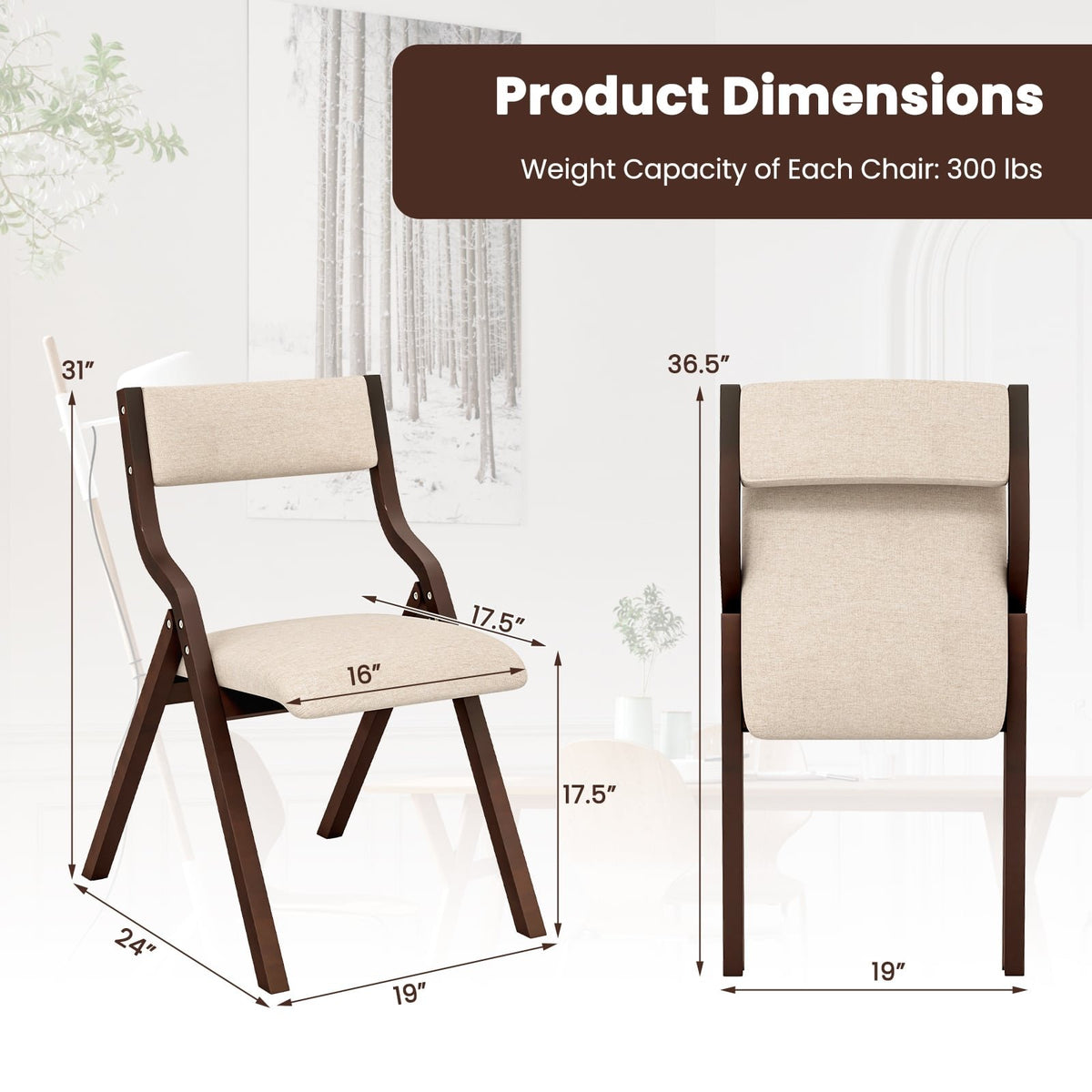 Set of 2 Wooden Folding Dining Chair with Linen Fabric Padded Seat and Backrest-Coffee view 4