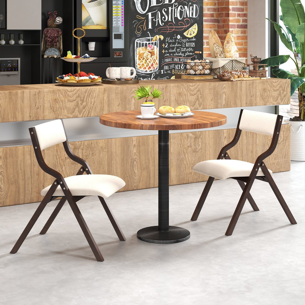 Set of 2 Wooden Folding Dining Chair with Linen Fabric Padded Seat and Backrest-Coffee view 5