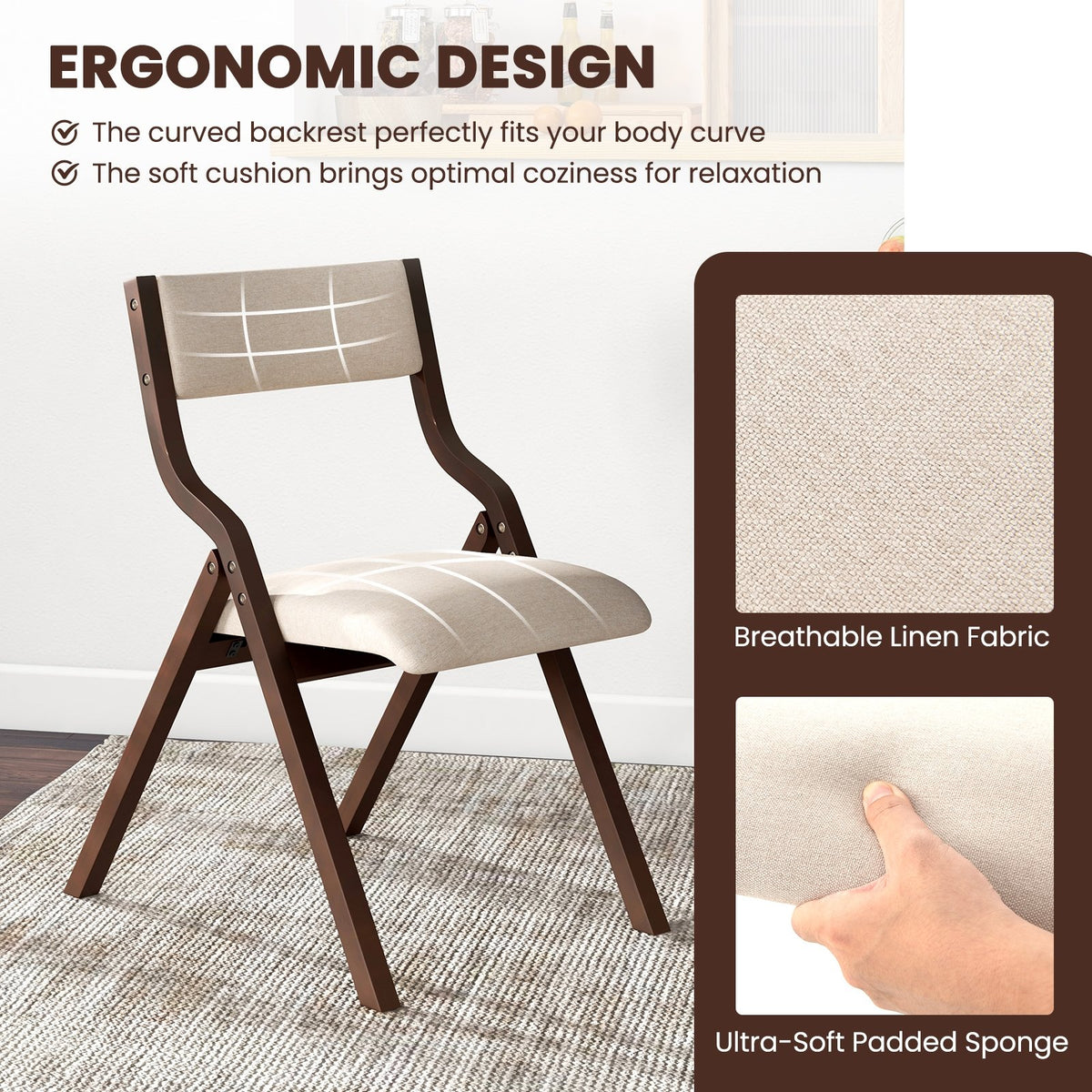 Set of 2 Wooden Folding Dining Chair with Linen Fabric Padded Seat and Backrest-Coffee view 6