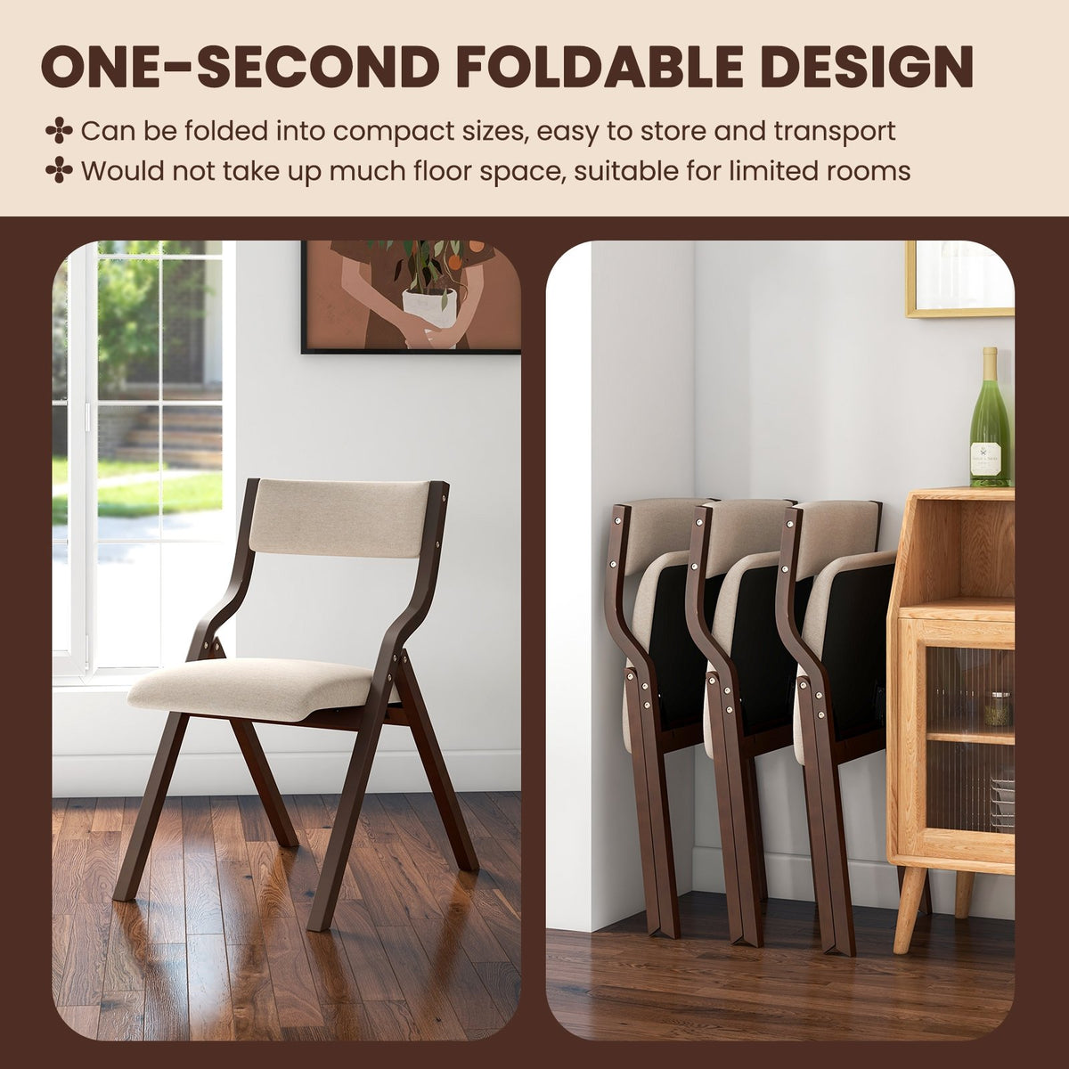 Set of 2 Wooden Folding Dining Chair with Linen Fabric Padded Seat and Backrest-Coffee view 7