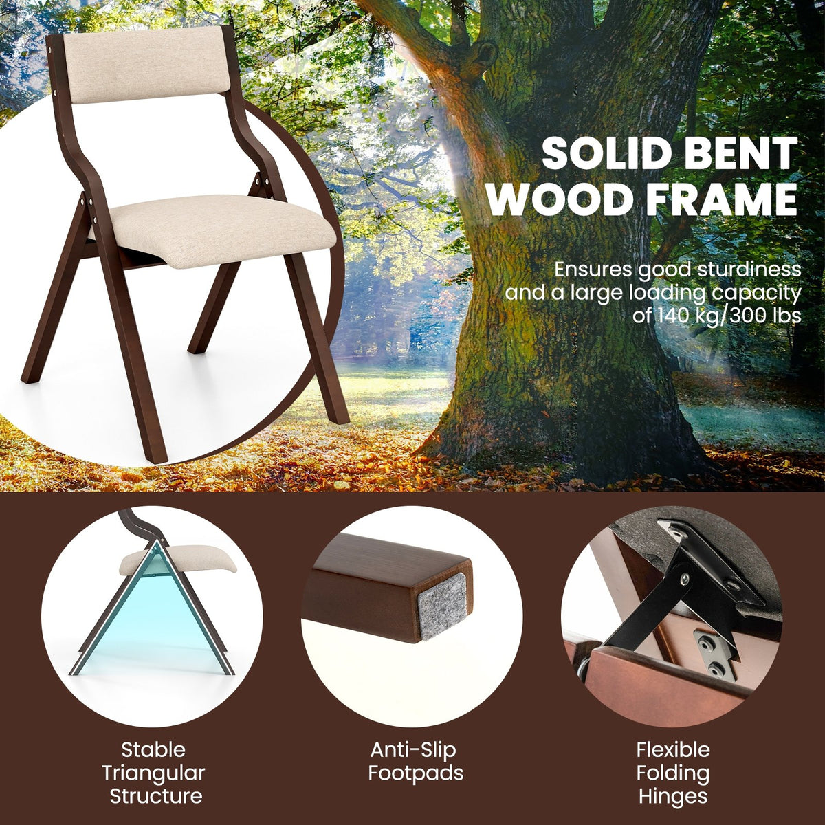 Set of 2 Wooden Folding Dining Chair with Linen Fabric Padded Seat and Backrest-Coffee view 8