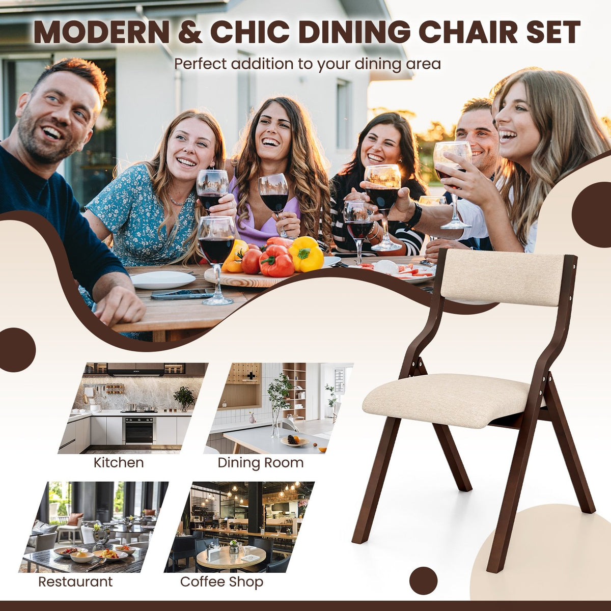 Set of 2 Wooden Folding Dining Chair with Linen Fabric Padded Seat and Backrest-Coffee view 9