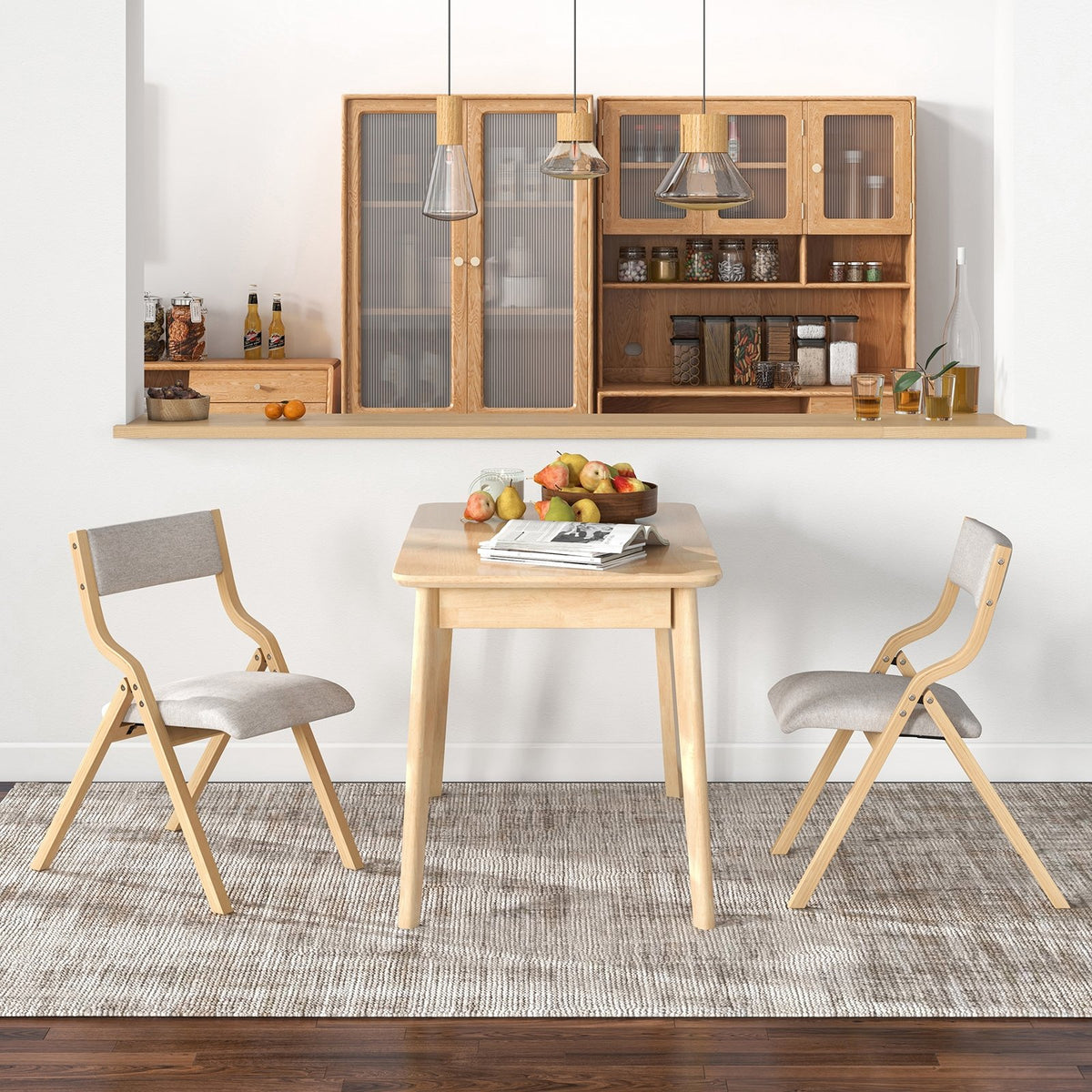 Set of 2 Wooden Folding Dining Chair with Linen Fabric Padded Seat and Backrest-Natural view 3