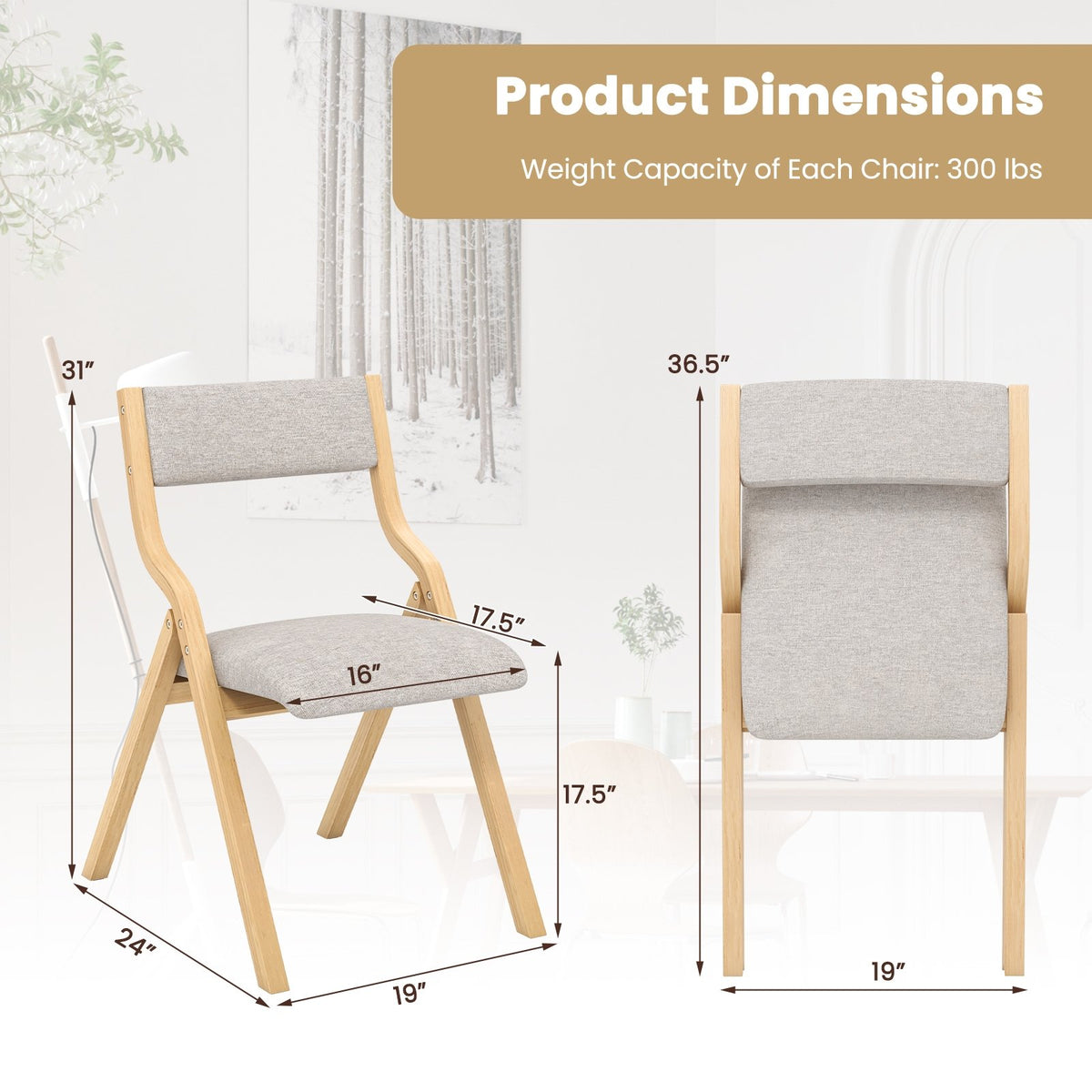 Set of 2 Wooden Folding Dining Chair with Linen Fabric Padded Seat and Backrest-Natural view 4