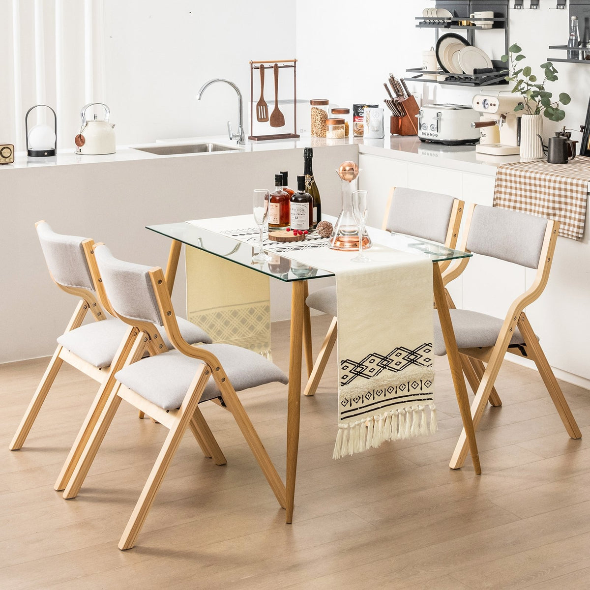Set of 2 Wooden Folding Dining Chair with Linen Fabric Padded Seat and Backrest-Natural view 5