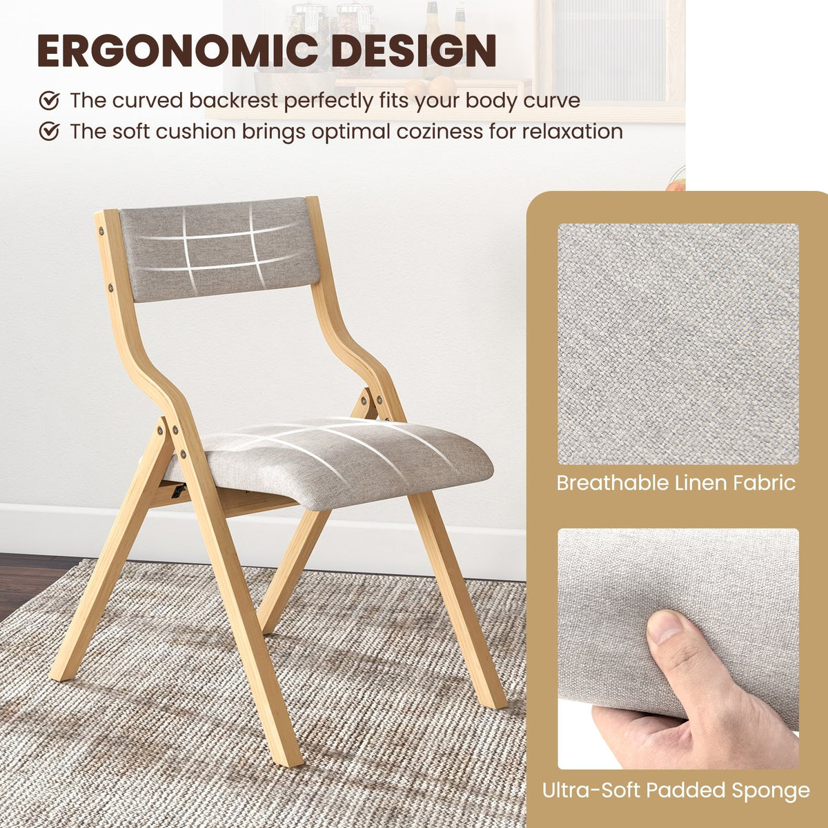 Set of 2 Wooden Folding Dining Chair with Linen Fabric Padded Seat and Backrest-Natural view 6