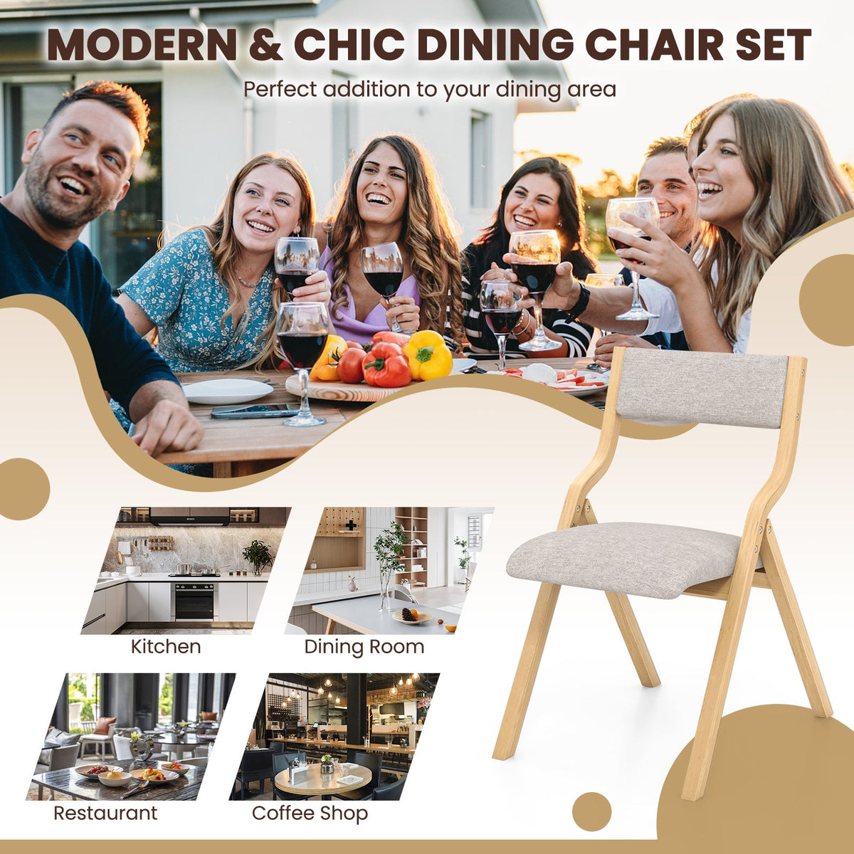 Set of 2 Wooden Folding Dining Chair with Linen Fabric Padded Seat and Backrest-Natural view 9