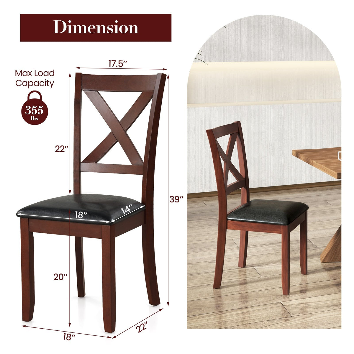 Set of 2 Wooden Kitchen Dining Chair with Padded Seat and Rubber Wood Legs-Black view 4