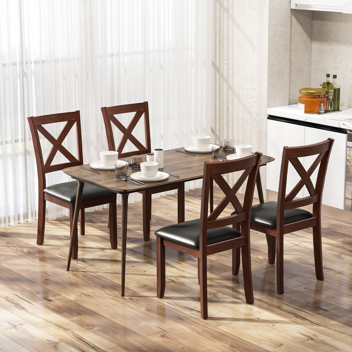 Set of 2 Wooden Kitchen Dining Chair with Padded Seat and Rubber Wood Legs-Black view 5
