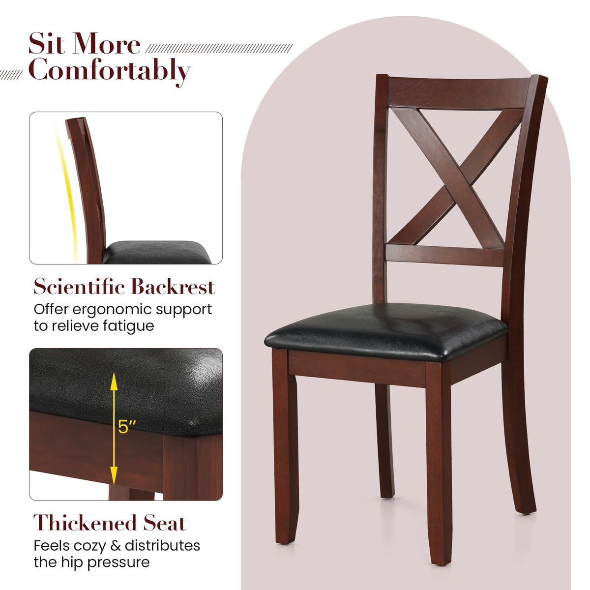 Set of 2 Wooden Kitchen Dining Chair with Padded Seat and Rubber Wood Legs-Black view 6