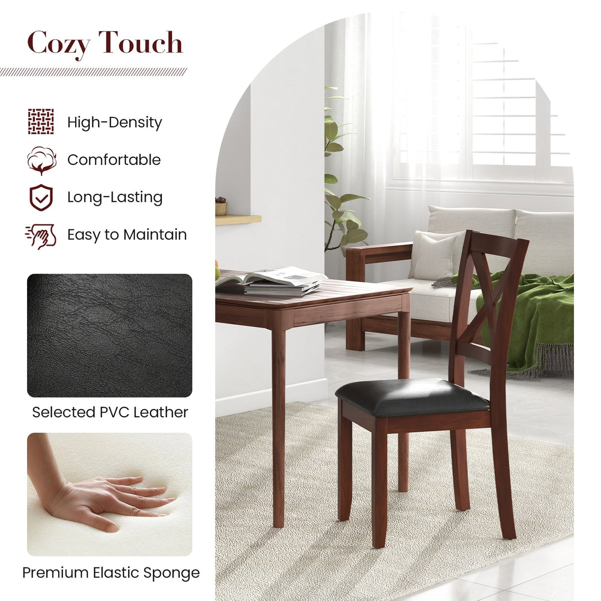 Set of 2 Wooden Kitchen Dining Chair with Padded Seat and Rubber Wood Legs-Black view 7
