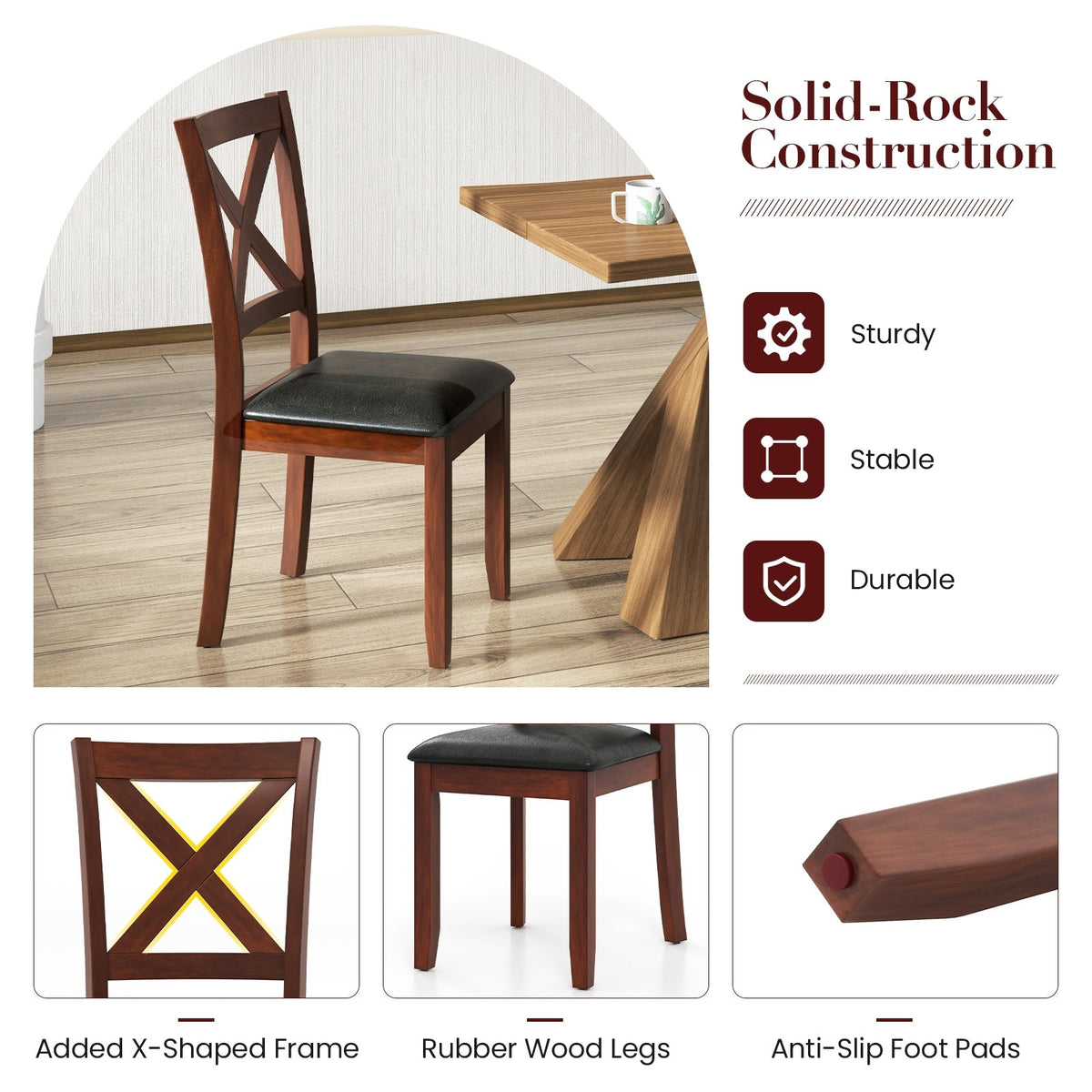 Set of 2 Wooden Kitchen Dining Chair with Padded Seat and Rubber Wood Legs-Black view 8