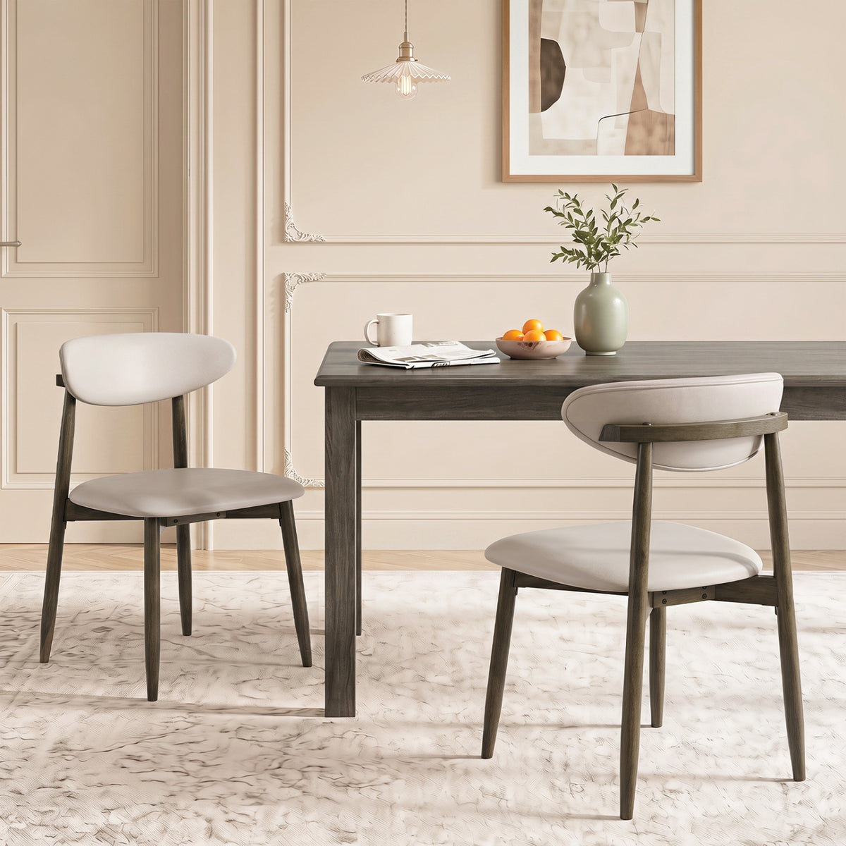Set of 2 Wooden Modern Upholstered Dining Chairs with Curved Backrest-Beige view 2