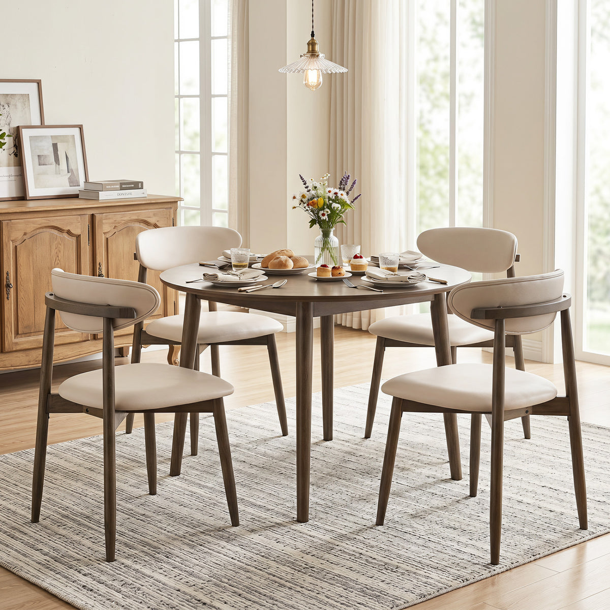 Set of 2 Wooden Modern Upholstered Dining Chairs with Curved Backrest-Beige view 7
