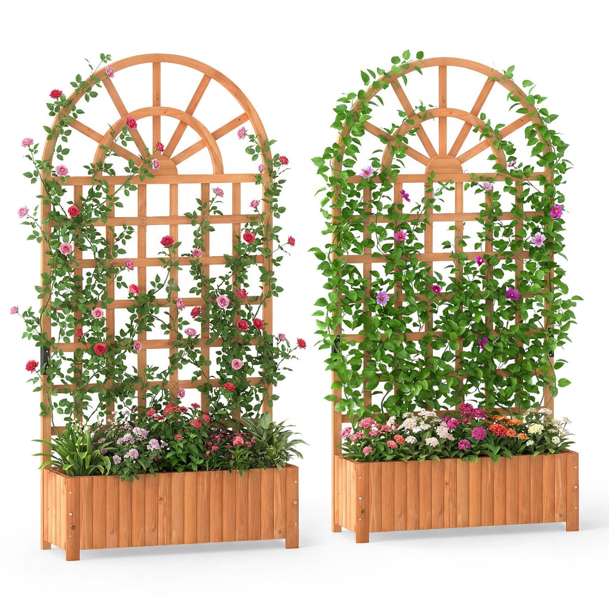 Set of 2 Wooden Raised Garden Bed with Trellis 71 inches Outdoor Planter Box Privacy Screen-Brown