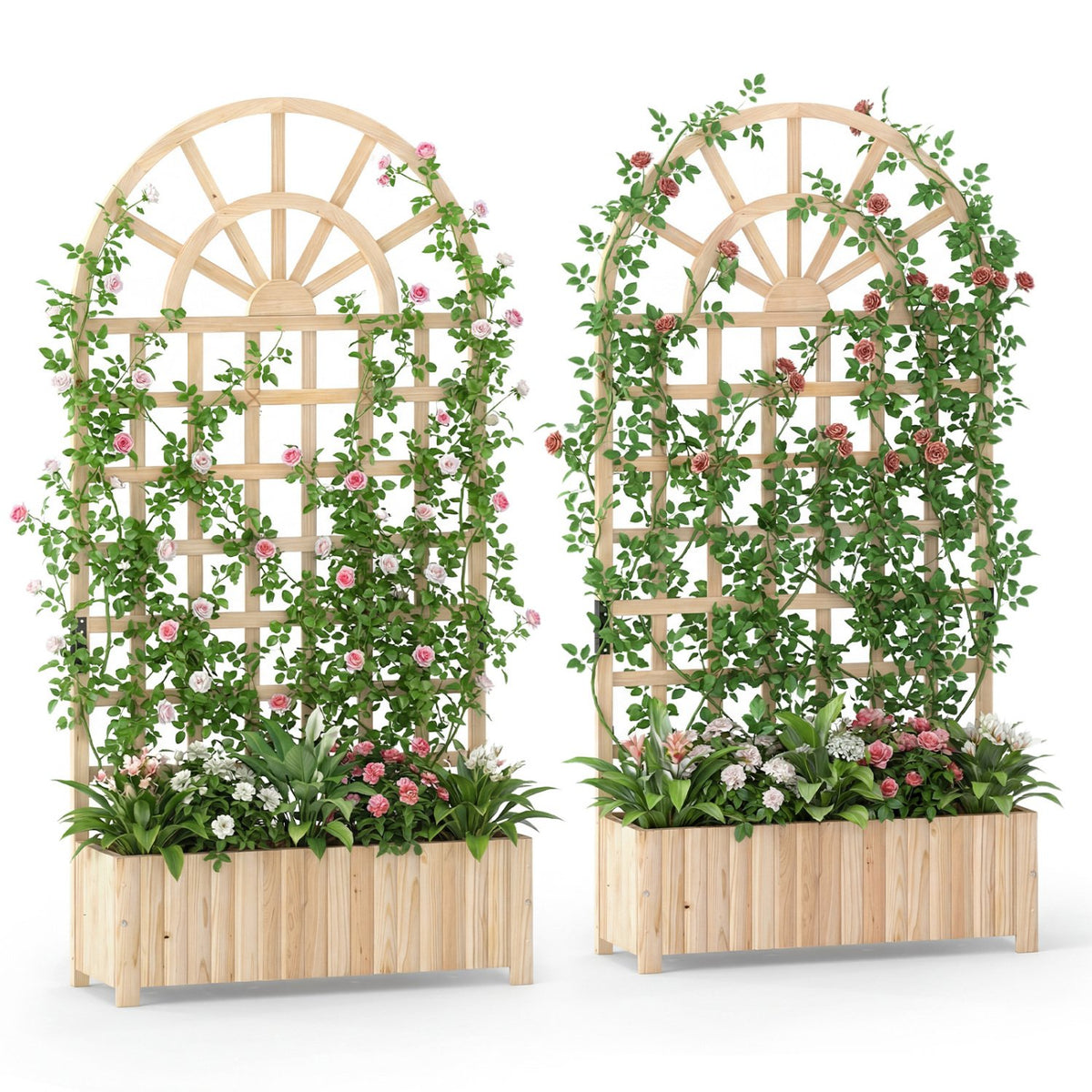 Set of 2 Wooden Raised Garden Bed with Trellis 71 inches Outdoor Planter Box Privacy Screen-Natural