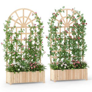 Set of 2 Wooden Raised Garden Bed with Trellis 71 inches Outdoor Planter Box Privacy Screen-Natural