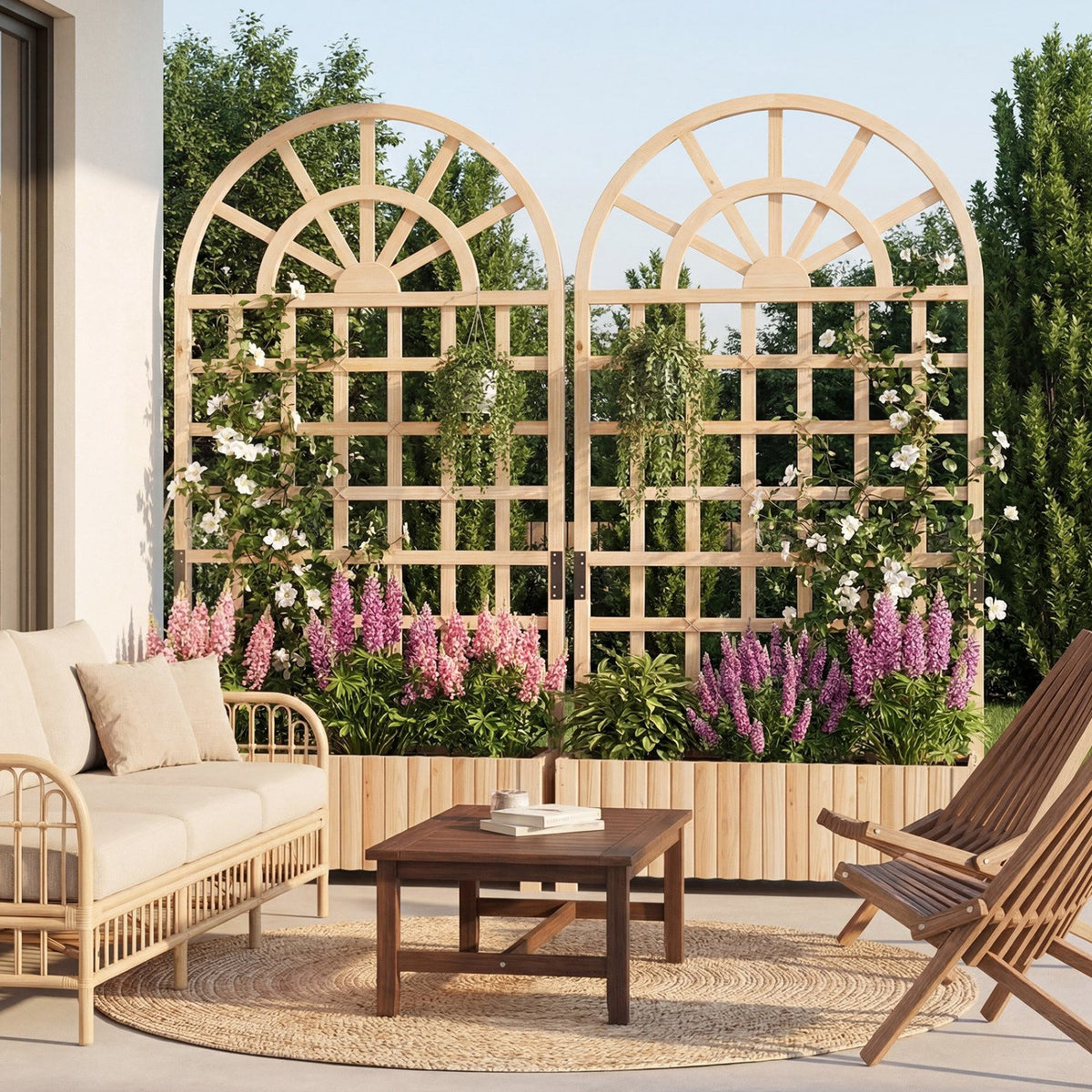 Set of 2 Wooden Raised Garden Bed with Trellis 71 inches Outdoor Planter Box Privacy Screen-Natural view 2