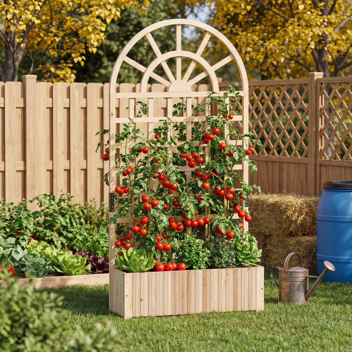 Set of 2 Wooden Raised Garden Bed with Trellis 71 inches Outdoor Planter Box Privacy Screen-Natural view 3