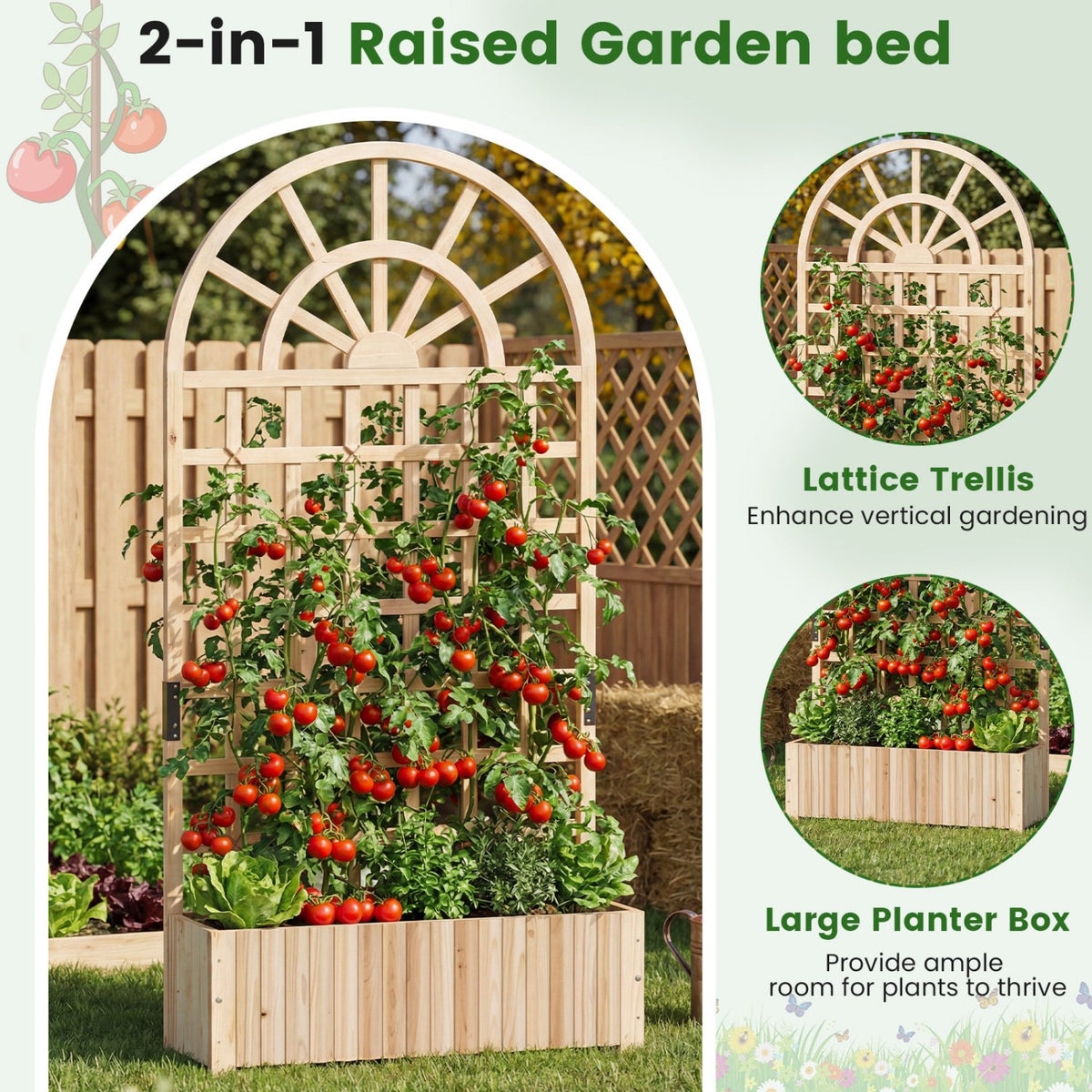 Set of 2 Wooden Raised Garden Bed with Trellis 71 inches Outdoor Planter Box Privacy Screen-Natural view 5