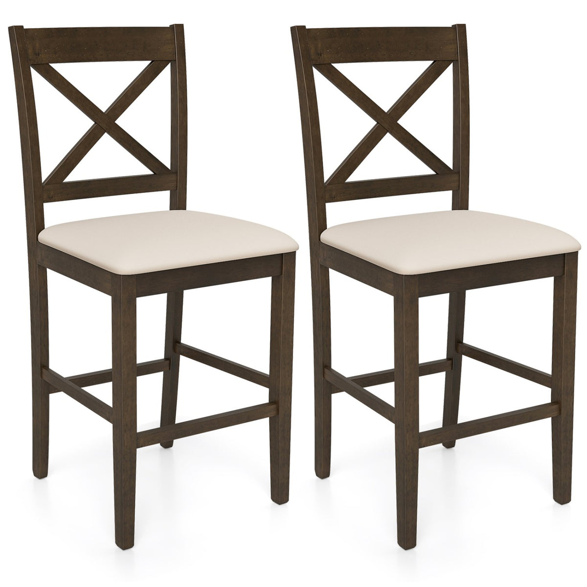 Set of 2 X-Back Bar Stools with Upholstered Cushioned Seats-Brown
